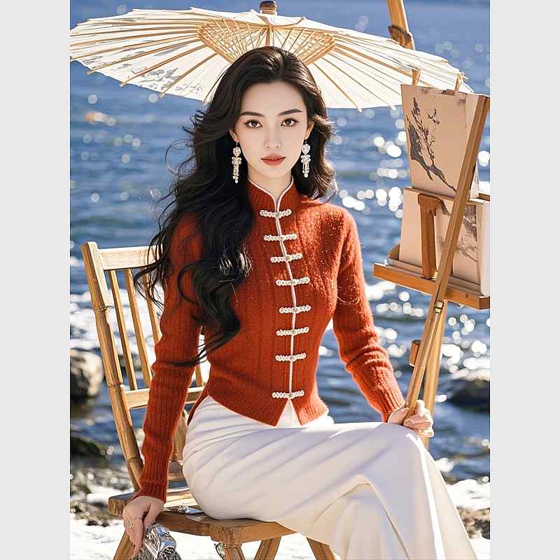 秋服 レディース ファッション オシャレ カワイイ シンプル 大人カワイイ 大きいサイズ ハイエンド オレンジ ニット セーター トップス ボタン ダウン インナー
