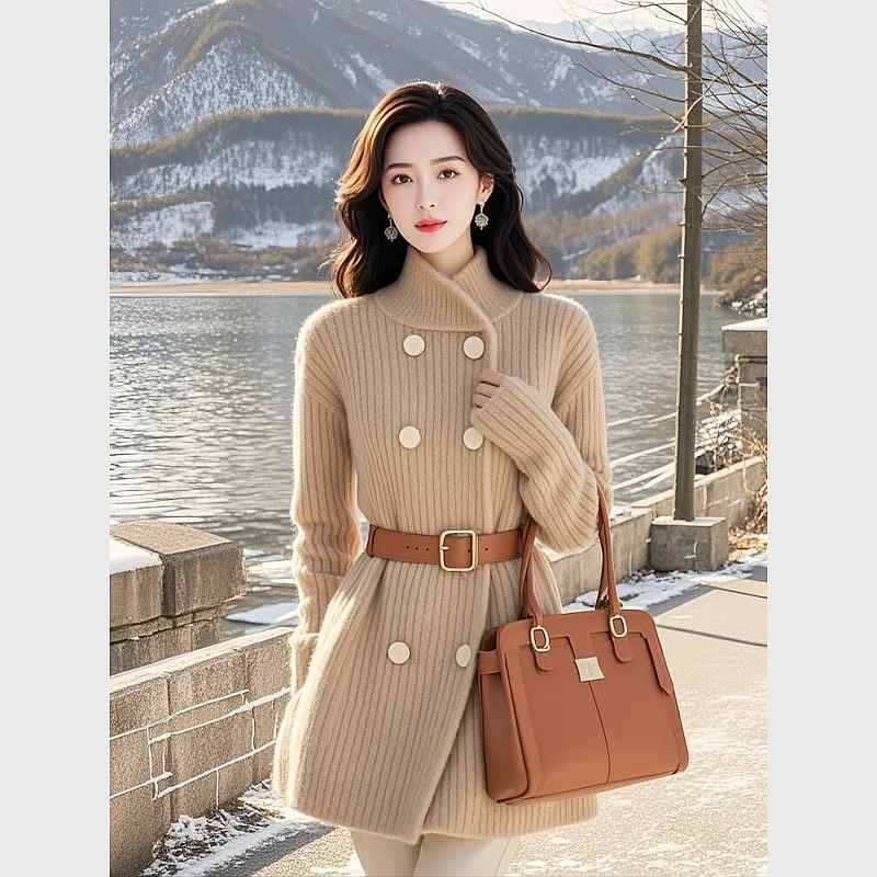 秋服 レディース 流行り物 オシャレ カワイイ  分かりやすい 成年者カワイイ 気が大きい大きさ   ハイエンド ロング 編み物 トップス フレンチ カーキ タートルネック ホンブルグ帽 スウェーター
