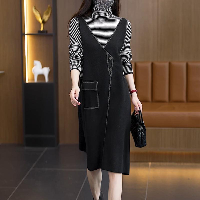 秋服 レディース ファッション オシャレ カワイイ シンプル 大人カワイイ 大きいサイズ フェイク ツーピース ニット ドレス 長袖 ボトムス ミドル丈 スカート|リコット