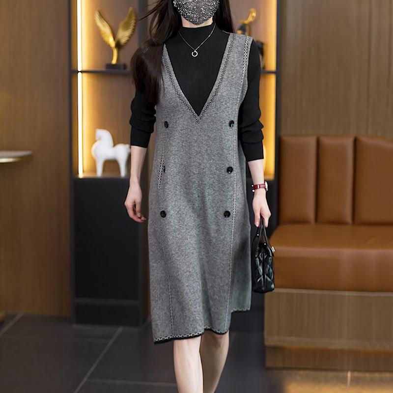 秋服 レディース ファッション オシャレ カワイイ シンプル 大人カワイイ 大きいサイズ フェイク ツーピース ニット ドレス 長袖 ミドル丈 スカート