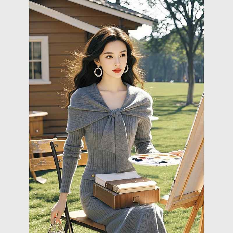 秋服 レディース ファッション オシャレ カワイイ シンプル 大人カワイイ 大きいサイズ フレンチ ロング スカート グレー フェイク ツーピース ショール ニット ドレス｜リコット