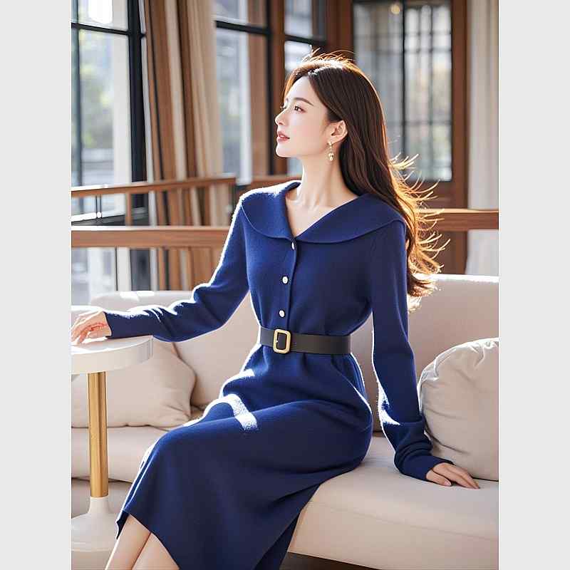 秋服 レディース ファッション オシャレ カワイイ シンプル 大人カワイイ 大きいサイズ フレンチ ロング スカート ハイエンド ネイビー ブルー 長袖 ニット ドレス｜リコット 9,238円
