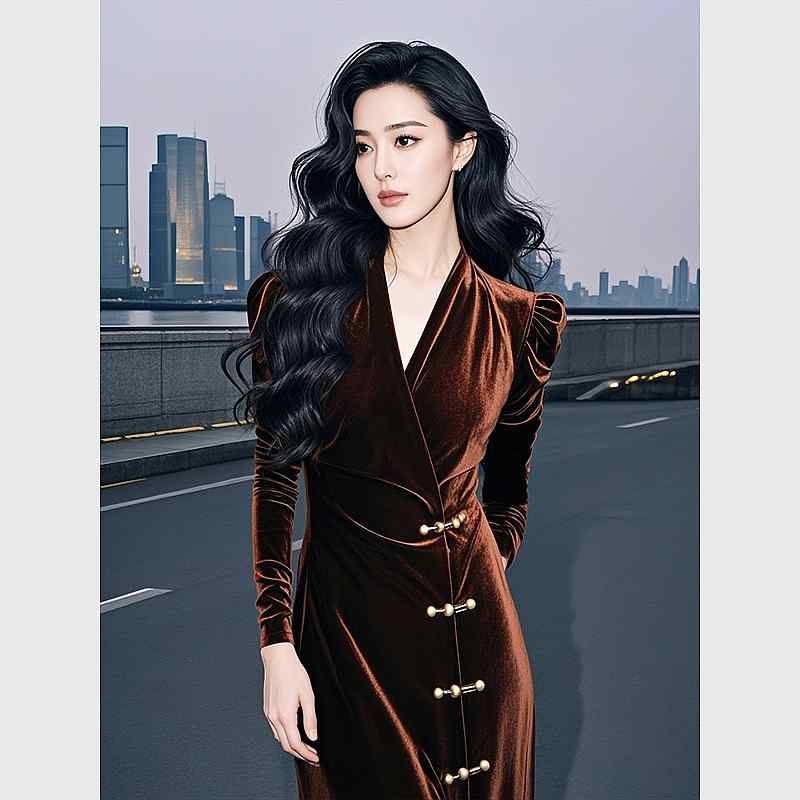 秋服 レディース ファッション オシャレ カワイイ シンプル 大人カワイイ 大きいサイズ ハイエンド ロング スカート 茶色 ベルベット ドレス｜リコット