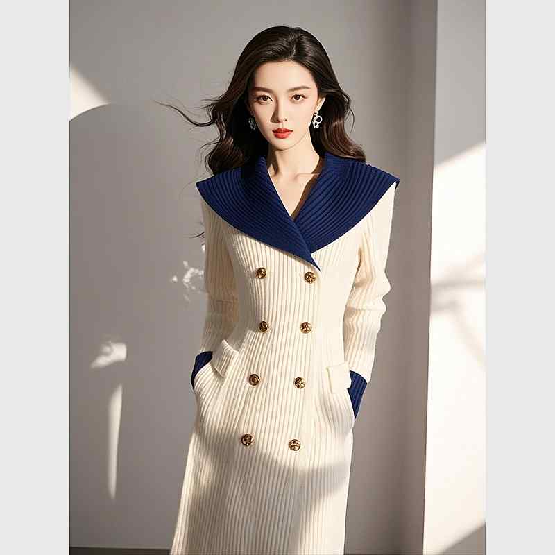 秋服 レディース ファッション オシャレ カワイイ シンプル 大人カワイイ 大きいサイズ ハイエンド ロング ドレス 白 ブルー ニット|リコット