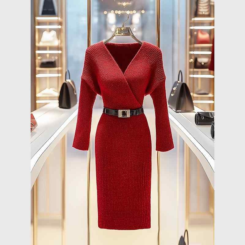 秋服 レディース ファッション オシャレ カワイイ シンプル 大人カワイイ 大きいサイズ 記念日 旅行 ロング スカート 干支 赤 ニット ドレス|リコット