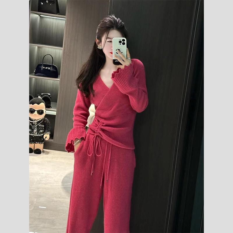 秋服 レディース 流行り物 オシャレ カワイイ  分かりやすい 成年者カワイイ 途轍も無い大いさ   ハイエンド サクラ色赤いこと 編み物 プルオーバー ズボン下 背広 セットアップ 能力のある その他-レディースファッション