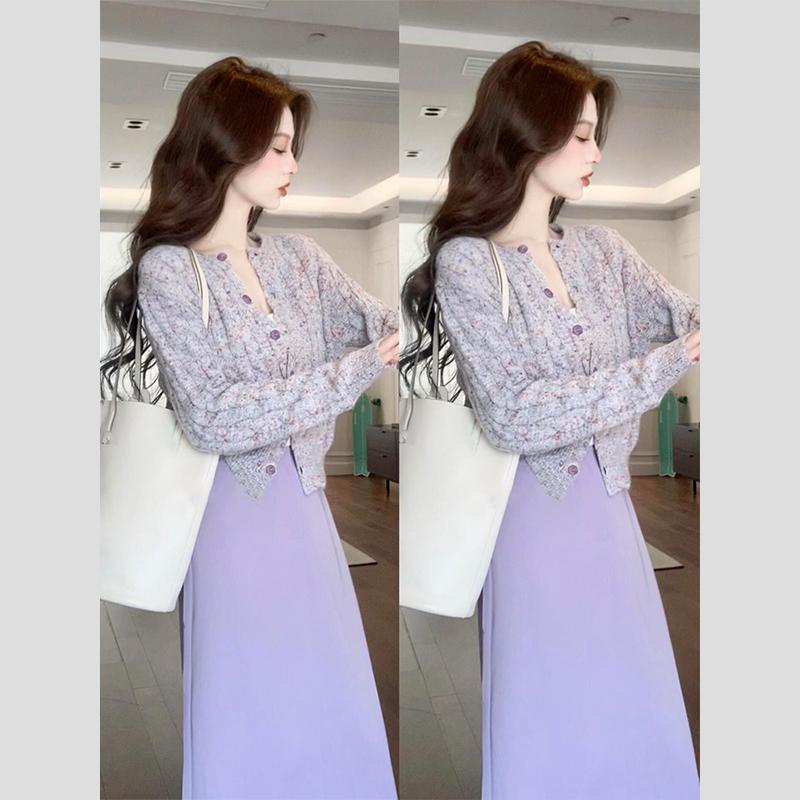 秋服 レディース ファッション オシャレ カワイイ シンプル 大人カワイイ 大きいサイズ 服 セットアップ 可能 ハイエンド 紫色 カーディガン セーター スカート スーツ｜リコット