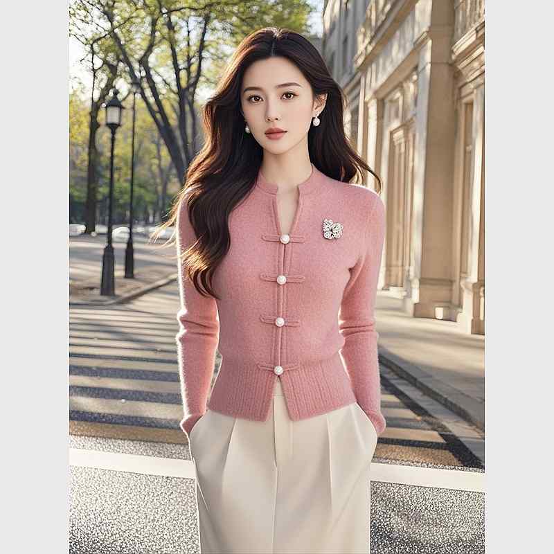 秋服 レディース ファッション オシャレ カワイイ シンプル 大人カワイイ 大きいサイズ ボタン ピンク セーター ハイエンド スリム インナー ニット トップス