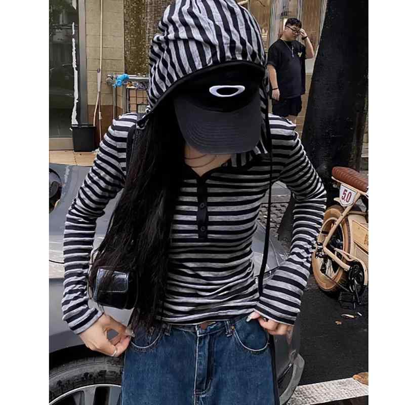 秋服 レディース ファッション オシャレ カワイイ シンプル 大人カワイイ 大きいサイズ ストライプ ニット T シャツ スリムフィット インナー 長袖 トップス