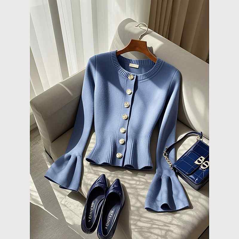 秋服 レディース ファッション オシャレ カワイイ シンプル 大人カワイイ 大きいサイズ ニットカーディガン トップス ハイエンド ブルー セーター