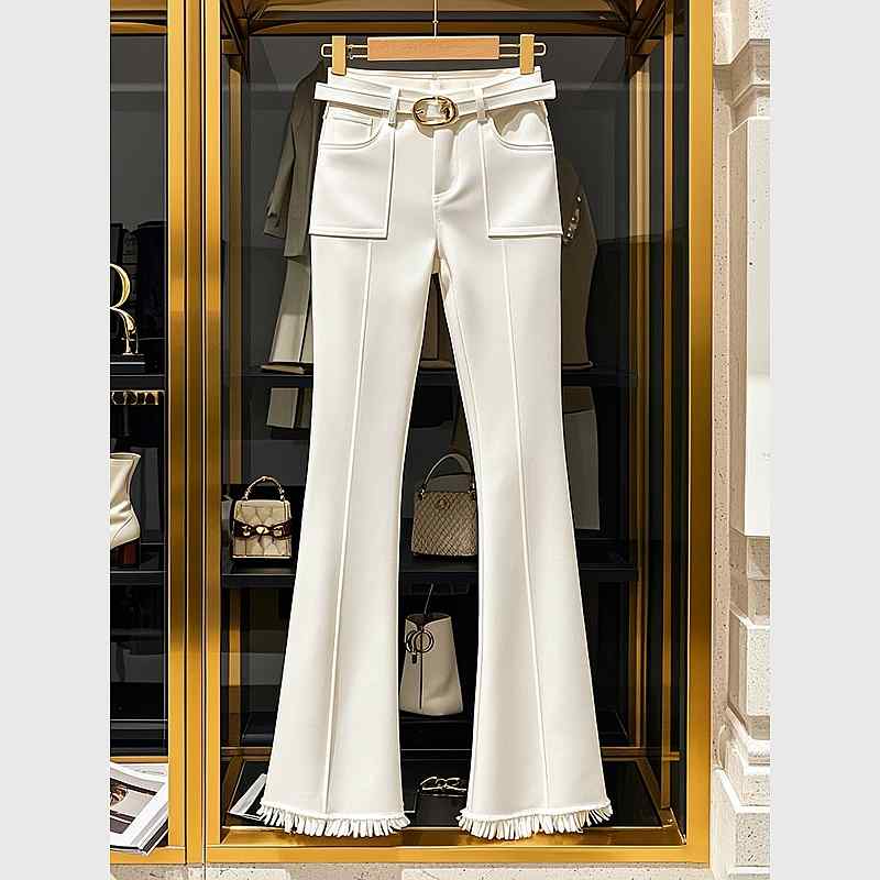 秋服 レディース ファッション オシャレ カワイイ シンプル 大人カワイイ 大きいサイズ ホワイト フレア ロー エッジ パンツ ハイエンド ハイウエスト スリム ストレート カジュアル