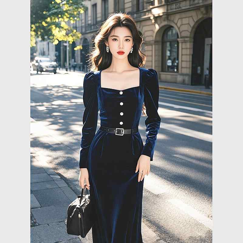 秋服 レディース 流行り物 オシャレ カワイイ  分かりやすい 成年者カワイイ 気が大きい大きさ   フレンチ ハイエンド 雅びやか 青色天鵝絨 長袖 お召しもの 大広間