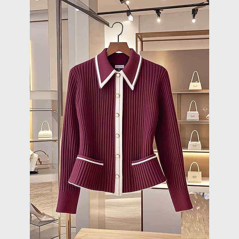 秋服 レディース 流行り物 オシャレ カワイイ  分かりやすい 成年者カワイイ 気が大きい大きさ   バーガンディ ポロ 色合い 編み物ジレー トップス ハイエンド 芳ばしさ スウェーター 赤いこと 上衣