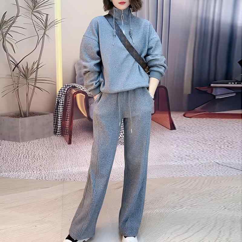 秋服 レディース ファッション オシャレ カワイイ シンプル 大人カワイイ 大きいサイズ スウェット シャツ スーツ カジュアル スタンドカラー トップス ワイド レッグ パンツ セットアップ 可能