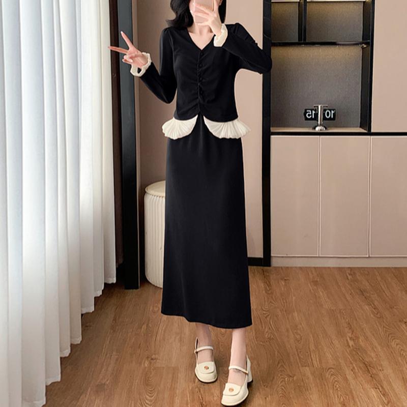秋服 レディース ファッション オシャレ カワイイ シンプル 大人カワイイ 大きいサイズ プリーツ フリル 長袖 トップス スカート スリム 効果