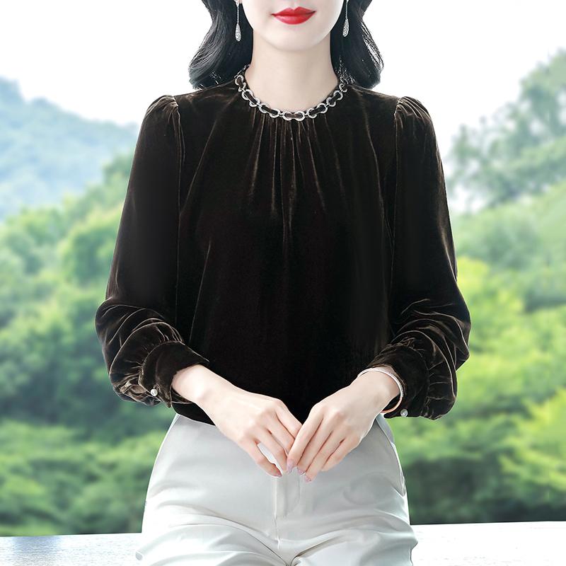 秋服 レディース ファッション オシャレ カワイイ シンプル 大人カワイイ 大きいサイズ ゴールド ベルベット T シャツ ハイエンド インナー 長袖 トップス|リコット