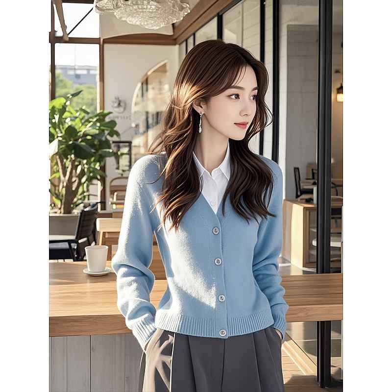 秋服 レディース ファッション オシャレ カワイイ シンプル 大人カワイイ 大きいサイズ ハイエンド フレグランス インナー セーター ブルー フェイク ツーピース 薄手 ニット トップス