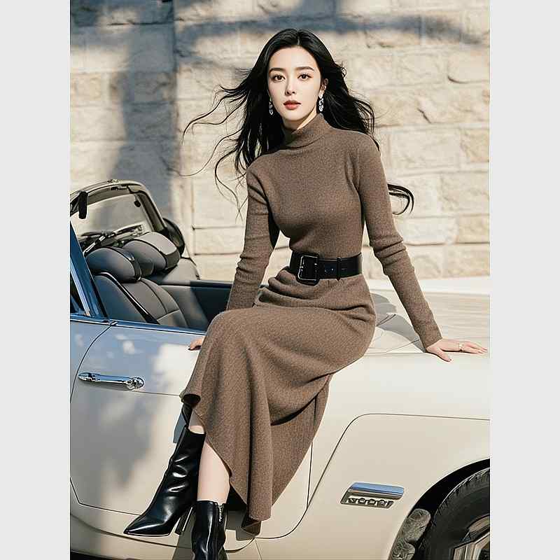 秋服 レディース ファッション オシャレ カワイイ シンプル 大人カワイイ 大きいサイズ フレンチ ハイエンド フォーマル 軽 ダークブラウン ニット ボトム ドレス｜リコット