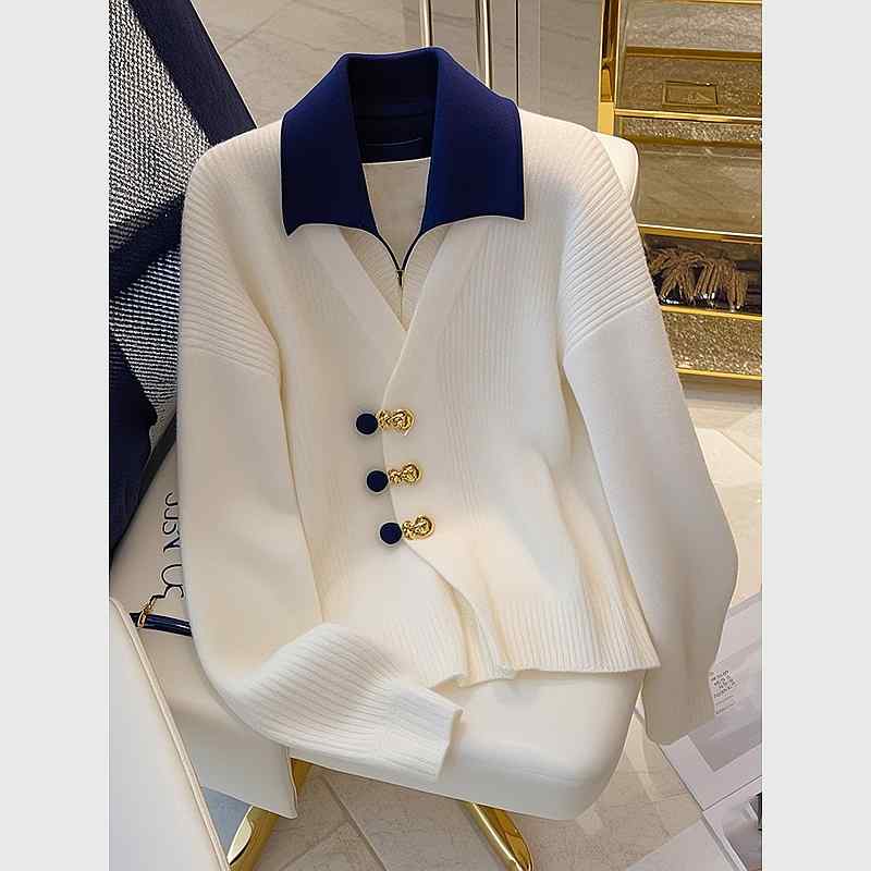 秋服 レディース ファッション オシャレ カワイイ シンプル 大人カワイイ 大きいサイズ 白 フェイク ツーピース ニット セーター インナー トップス ハイエンド ボタン