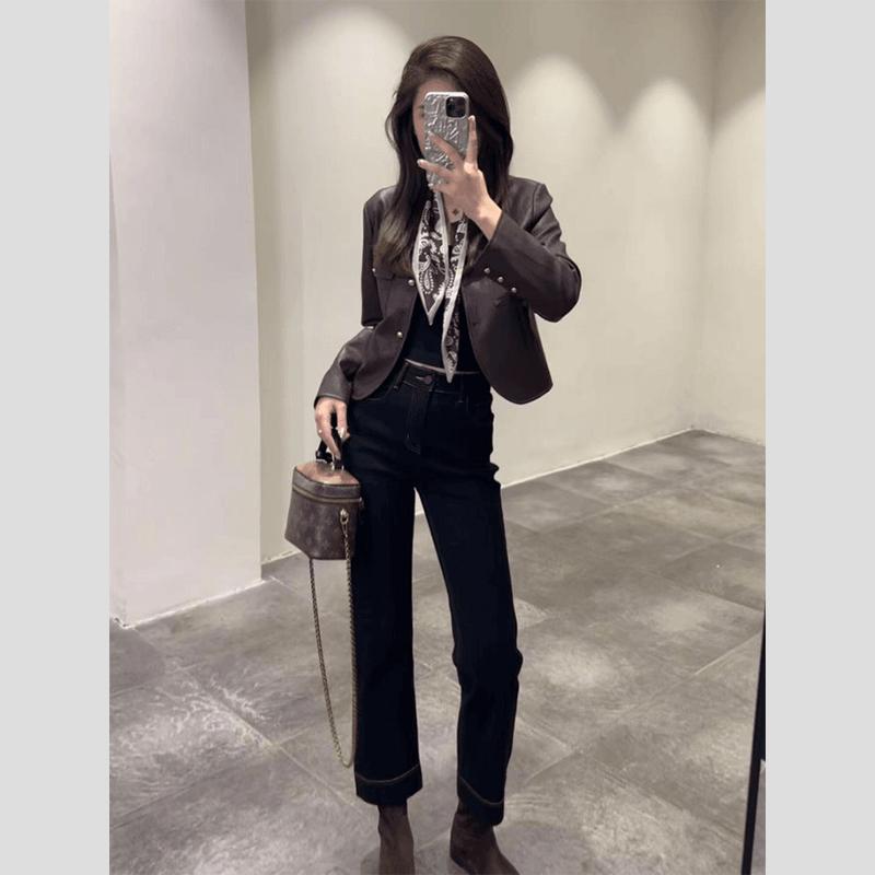 秋服 レディース 流行り物 オシャレ カワイイ  分かりやすい 成年者カワイイ 馬鹿でかい大きさ   レトロ 芳ばしさ ラウンド素っ首 上衣 トップス 紫色 エコ なめし革 上衣