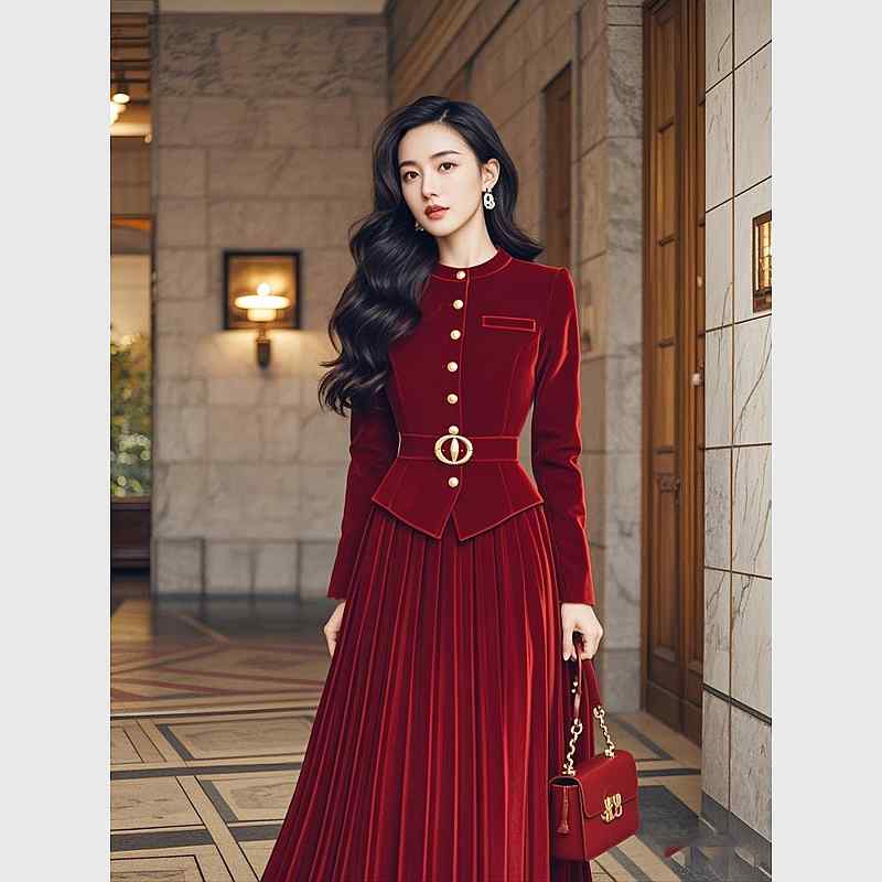 秋服 レディース ファッション オシャレ カワイイ シンプル 大人カワイイ 大きいサイズ 服装 ハイエンド 上品 エレガント バーガンディ ベルベット トップス スーツ スカート｜リコット