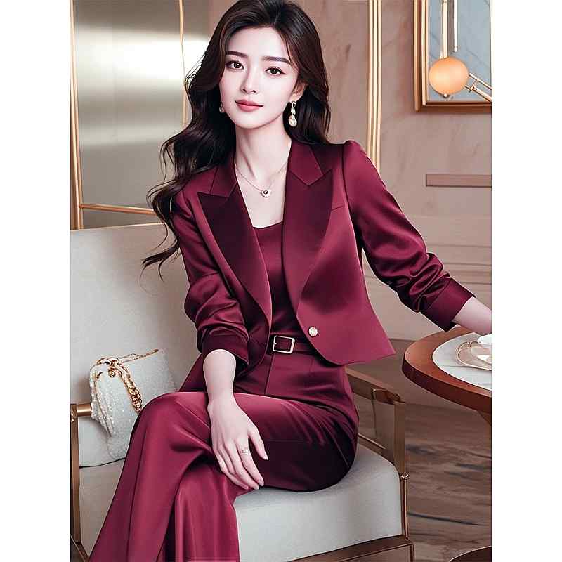 秋服 レディース ファッション オシャレ カワイイ シンプル 大人カワイイ 大きいサイズ 服 ハイエンド ワイン レッド スーツ パンツ ｜リコット