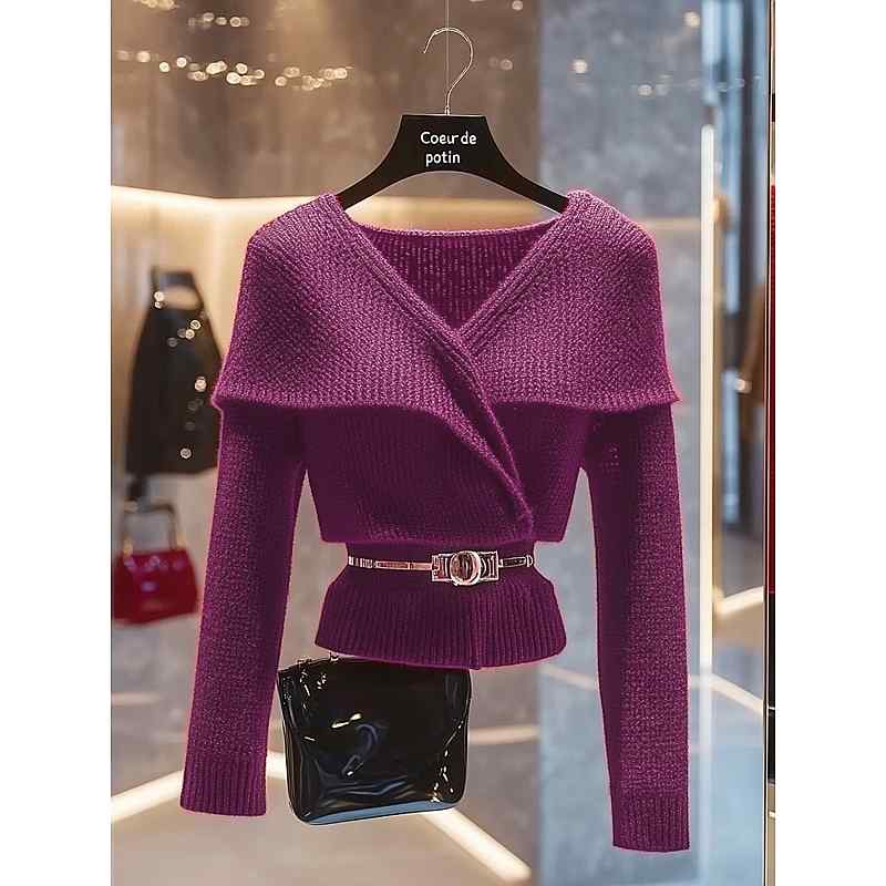 秋服 レディース ファッション オシャレ カワイイ シンプル 大人カワイイ 大きいサイズ フレグランス パープル ウール セーター トップス ウエスト Vネック|リコット