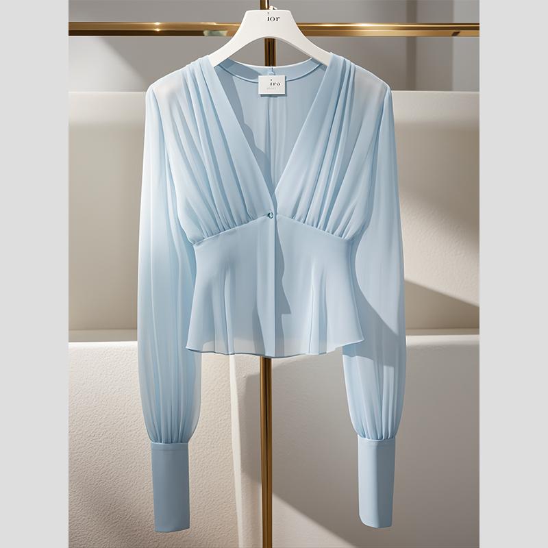 秋服 レディース ファッション オシャレ カワイイ シンプル 大人カワイイ 大きいサイズ シフォン 長袖 トップス フレンチ ライト ハイエンド ブルー シャツ
