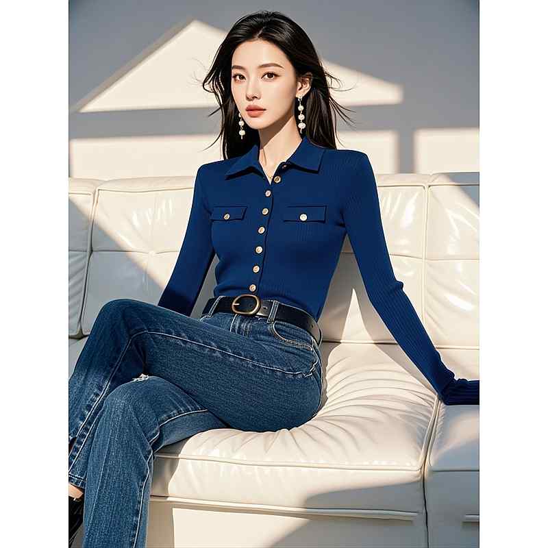 秋服 レディース ファッション オシャレ カワイイ シンプル 大人カワイイ 大きいサイズ 青 セーター ハイエンド 長袖 トップス|リコット