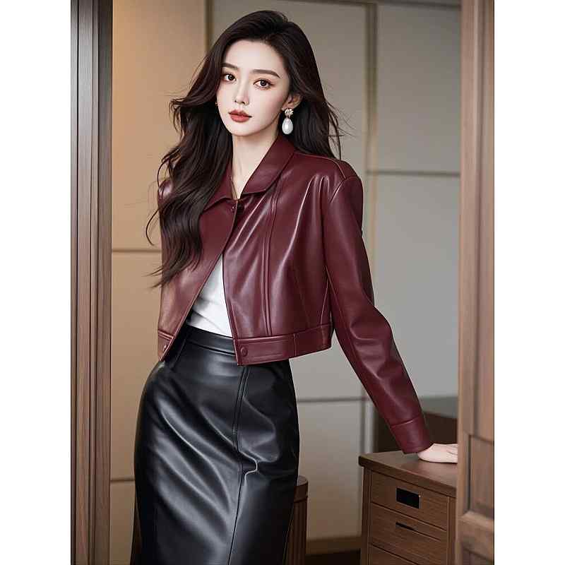 秋服 レディース 流行り物 オシャレ カワイイ  分かりやすい 成年者カワイイ 馬鹿でかい大きさ  ハイエンド 窈窕たる バーガンディ エコ なめし革 上衣 トップス