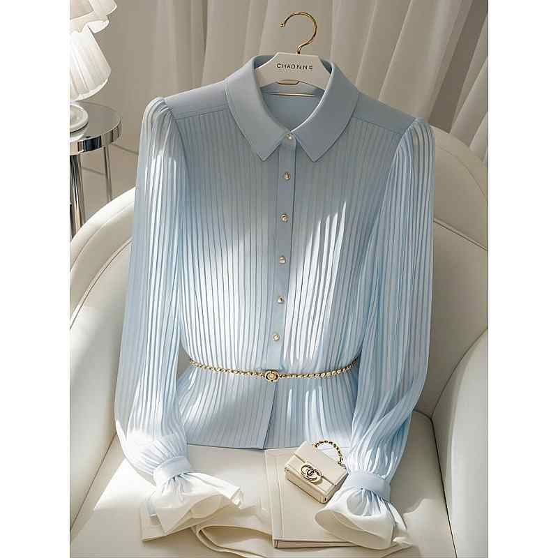 秋服 レディース 流行り物 オシャレ カワイイ  分かりやすい 成年者カワイイ 気が大きい大きさ   シフォン トップス フレンチ ハイエンド 青 プルオーバー