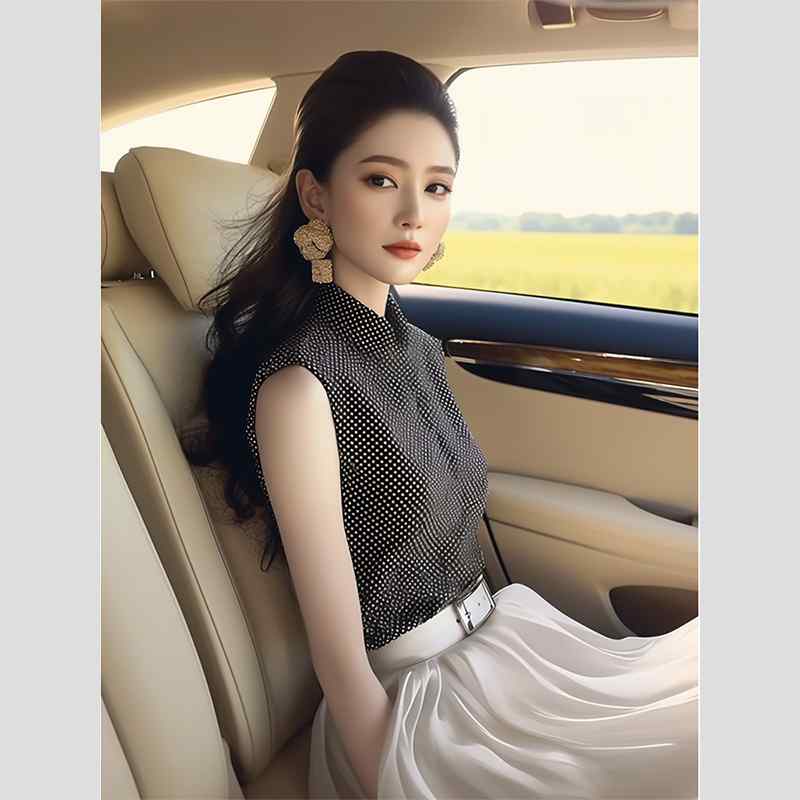 秋服 レディース 流行り物 オシャレ カワイイ  分かりやすい 成年者カワイイ 惜しみ無い大いさ   フレンチ ノースリーブ ティーシャツ ハイエンド 雅びやか 黒 水玉 シフォン トップス その他-レディースファッション