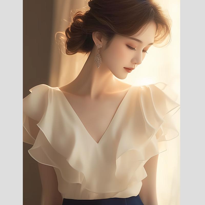 秋服 レディース ファッション オシャレ カワイイ シンプル 大人カワイイ 大きいサイズ フライング スリーブ シフォン トップス フレンチ ハイエンド 白 シャツ|詳細画像