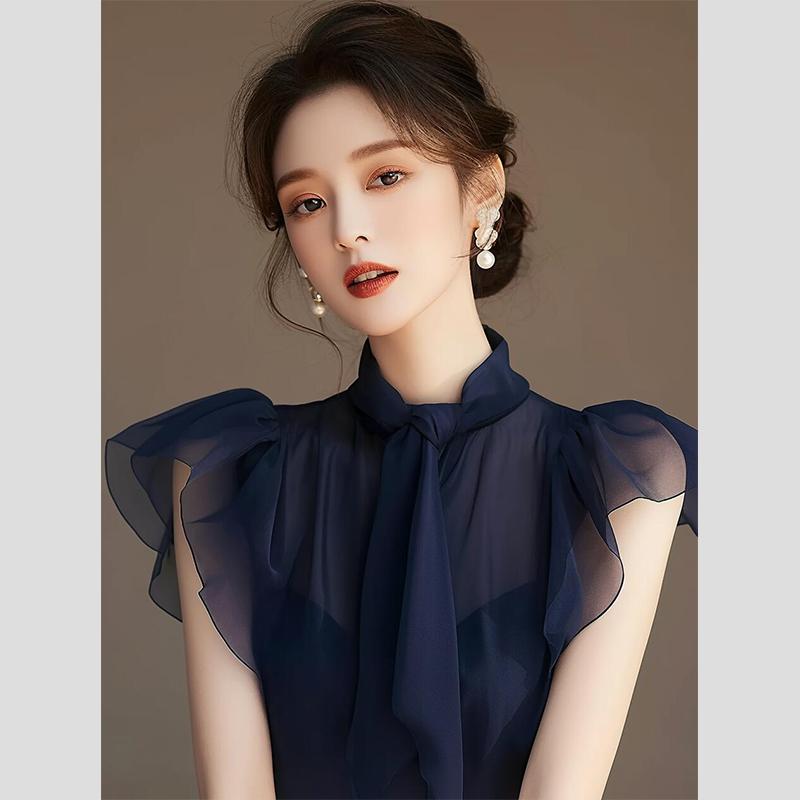 秋服 レディース ファッション オシャレ カワイイ シンプル 大人カワイイ 大きいサイズ フレンチ フライング スリーブ シフォン トップス ハイエンド シック 青 シャツ