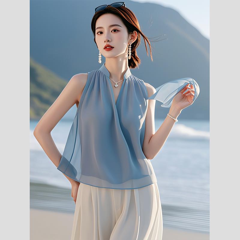 秋服 レディース ファッション オシャレ カワイイ シンプル 大人カワイイ 大きいサイズ フレンチ フェアリー ひらひら シフォン トップス ハイエンド シック ブルー シャツ