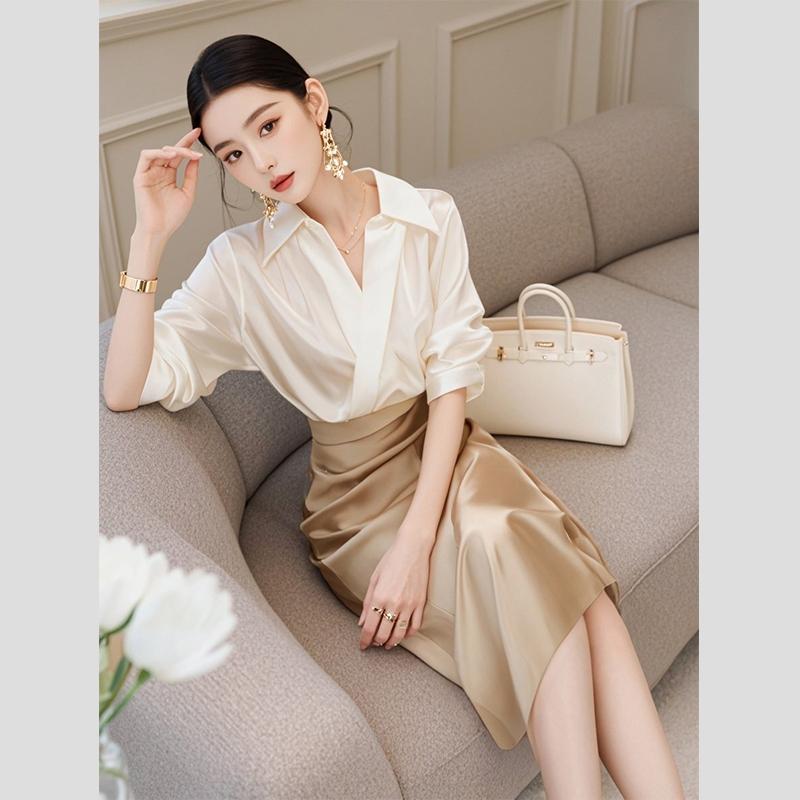 秋服 レディース ファッション オシャレ カワイイ シンプル 大人カワイイ 大きいサイズ 軽 お姫様 ハイエンド フレグランス シャツ シャンパン カラー スカート スーツ セットアップ 可能