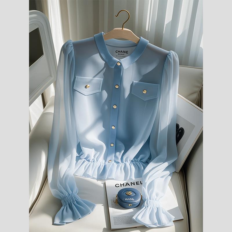 秋服 レディース 流行り物 オシャレ カワイイ  分かりやすい 成年者カワイイ 気が大きい大きさ   フレンチ ハイエンド トップス プルオーバー 青色 シフォン プルオーバー