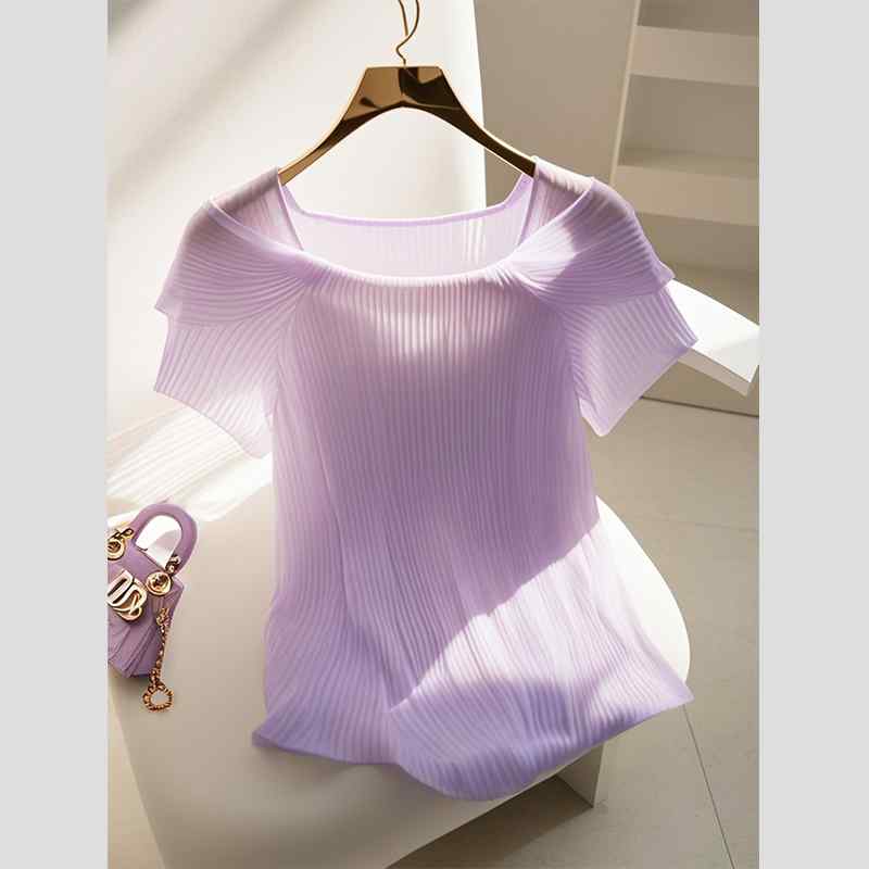 秋服 レディース 流行り物 オシャレ カワイイ  分かりやすい 成年者カワイイ 気が大きい大きさ  紫色 編み物 T プルオーバー フレンチ 軽 ハイエンド 半袖 トップス