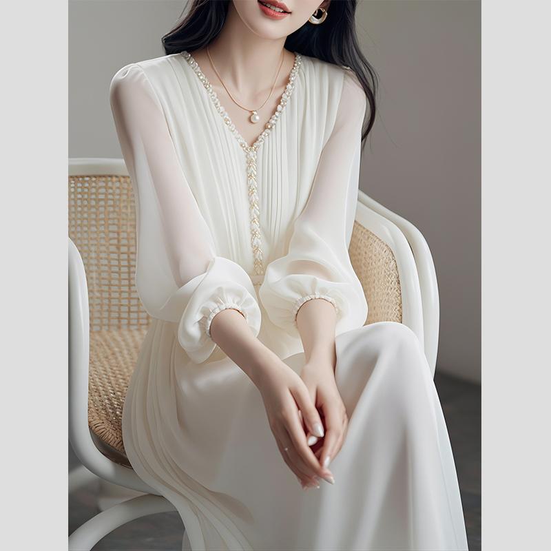 秋服 レディース ファッション オシャレ カワイイ シンプル 大人カワイイ 大きいサイズ フレンチ ハイエンド フォーマル バカンス バケーション 白 シフォン ドレス|リコット