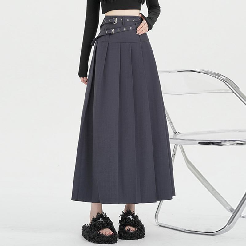 秋服 レディース ファッション オシャレ カワイイ シンプル 大人カワイイ 大きいサイズ スーツ ハーフ スカート ハイウエスト Aライン プリーツ グレー ミモレ丈