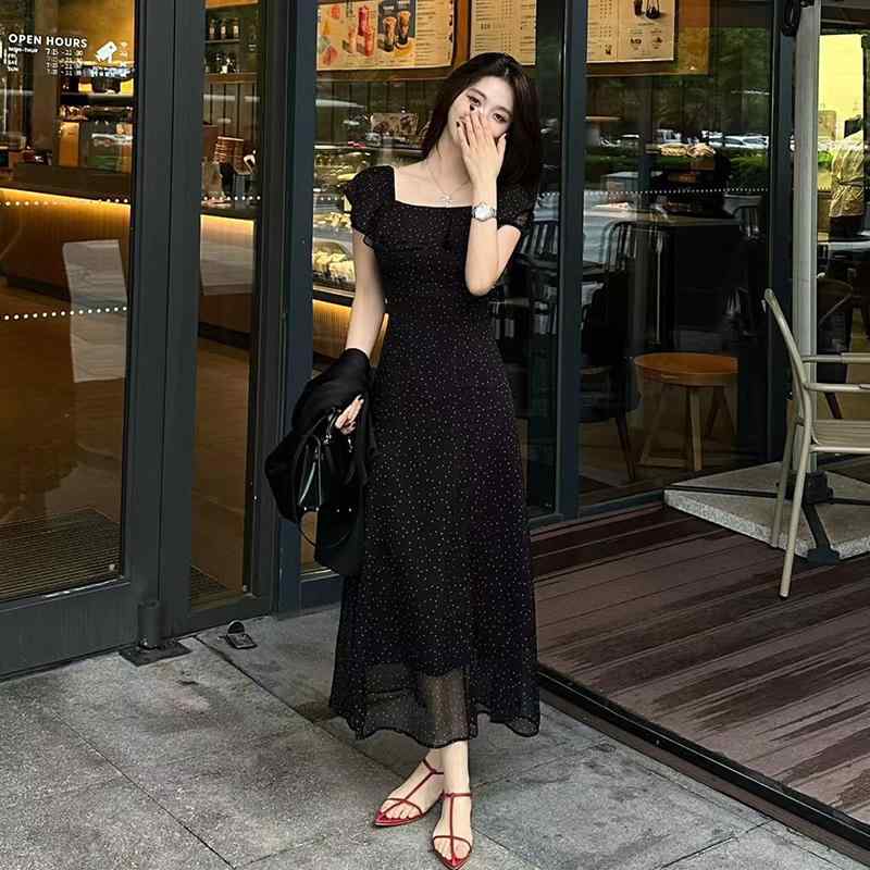 秋服 レディース 流行り物 オシャレ カワイイ  分かりやすい 成年者カワイイ 気が大きい大きさ   フレンチ ハイエンド か細い 黒 点点 シフォン お召しもの