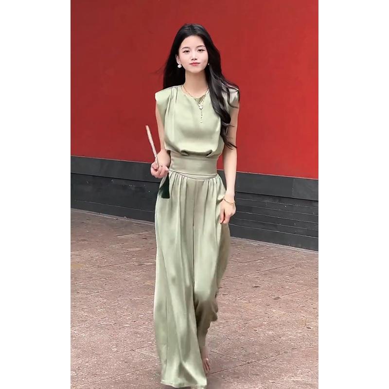 秋服 レディース ファッション オシャレ カワイイ シンプル 大人カワイイ 大きいサイズ 服 スタイリッシュ ハイエンド ミント グリーンサテン トップス パンツ スーツ セットアップ 可能
