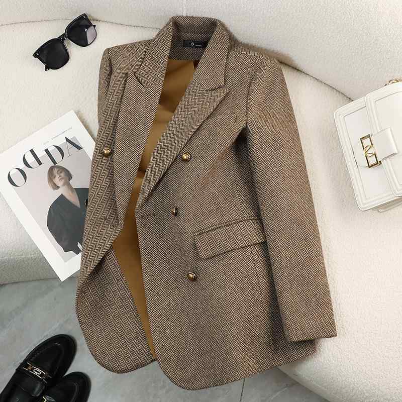 秋服 レディース ファッション オシャレ カワイイ シンプル 大人カワイイ 大きいサイズ ブラウン スーツ ジャケット 厚手 ハイエンド ウール トップス カジュアル|リコット