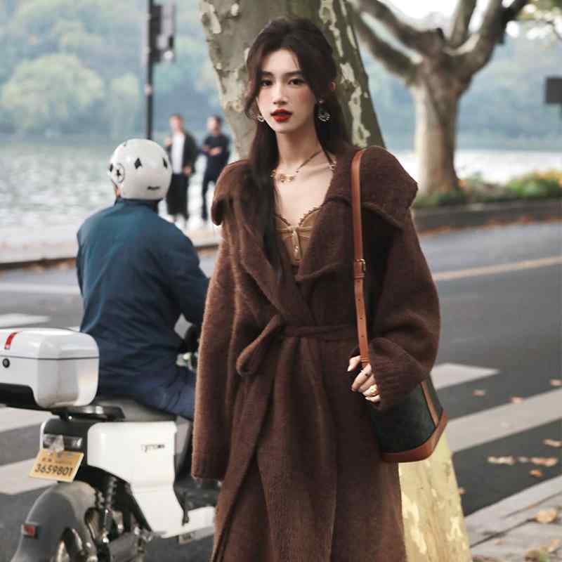 秋服 レディース 流行り物 オシャレ カワイイ  分かりやすい 成年者カワイイ 気が大きい大きさ   背広 色合い 厚地の外套 栗色 スウェーター 真っただ中丈 編み物ジレー