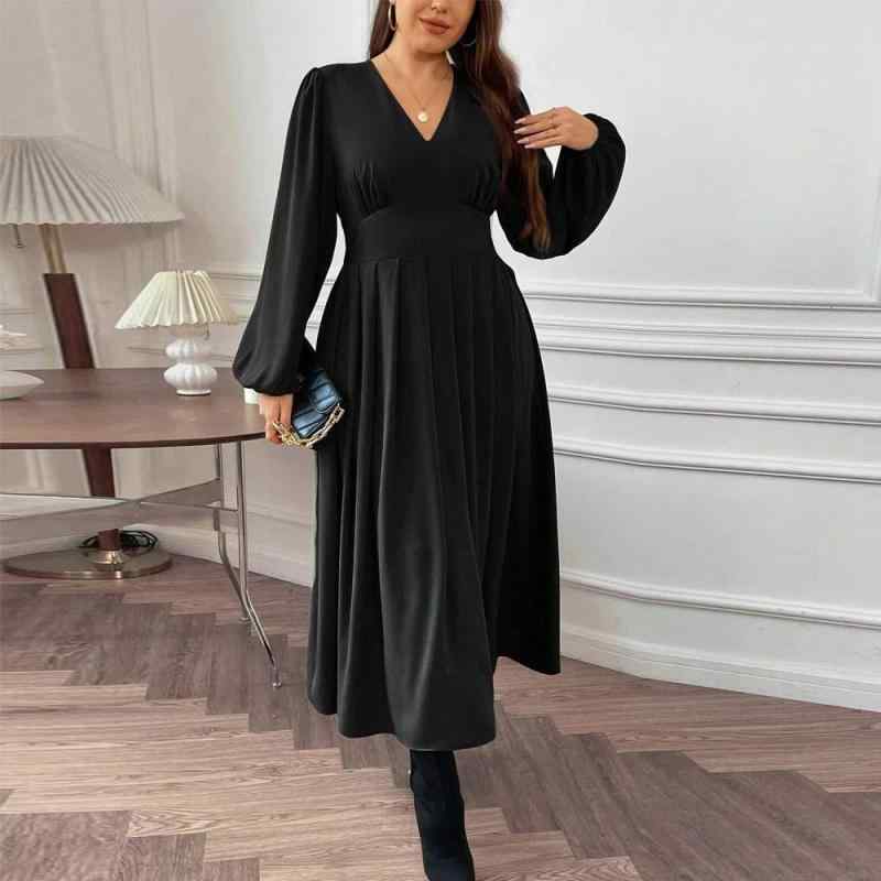 春 コーデ レディース ファッション オシャレ カワイイ シンプル きれいめ ナチュラル 上品カジュアル 婦人服 ドレス Vネック ウエスト パフスリーブ ミドル丈 サイズ スカート |リコット