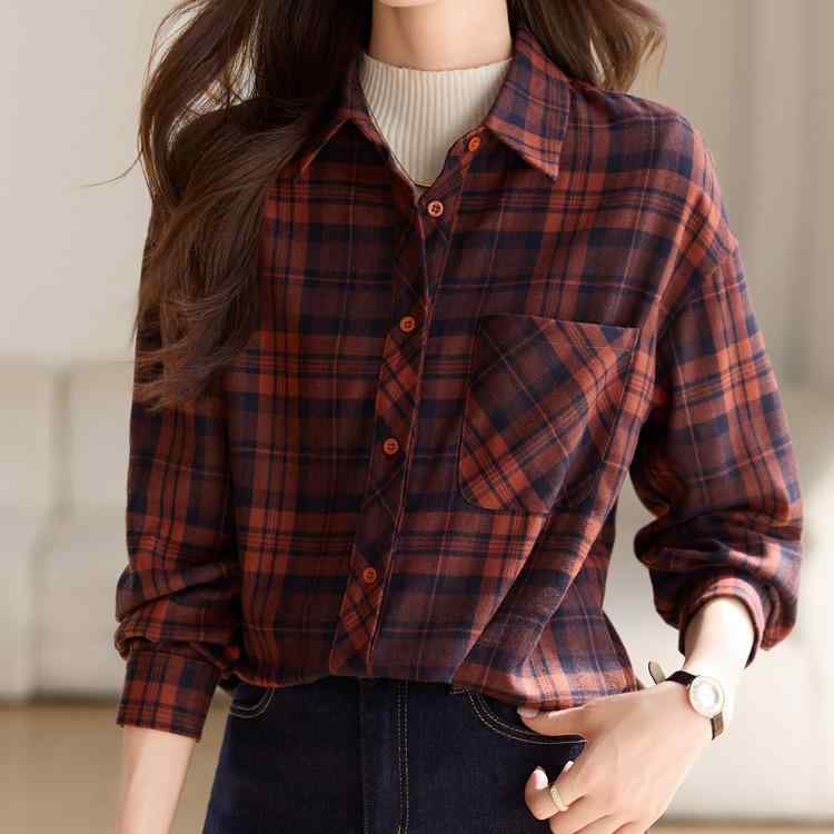 秋服 レディース ファッション オシャレ カワイイ シンプル 大人カワイイ 大きいサイズ 厚手 チェック柄 シャツ 長袖 トップス |リコット