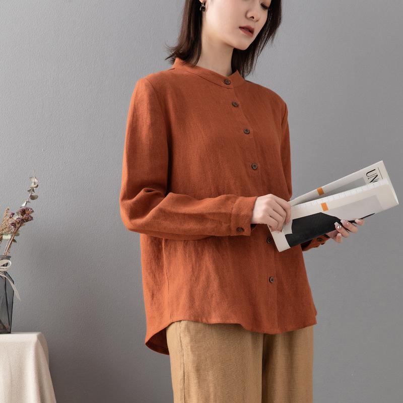 秋服 レディース ファッション オシャレ カワイイ シンプル 大人カワイイ 大きいサイズ リネン シャツ 無地 長袖 スタンドカラー コットンリネン ストレート トップス｜リコット