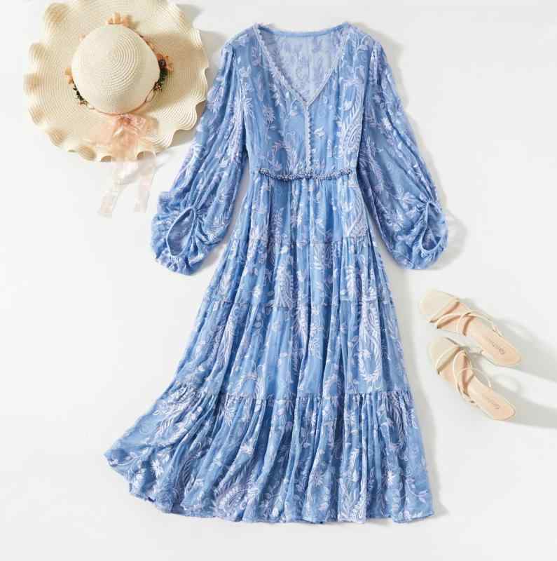 秋服 レディース ファッション オシャレ カワイイ シンプル 大人カワイイ 大きいサイズ ハイエンド ドレス OL Vネック レース ビッグ ライト ロング スカート|リコット