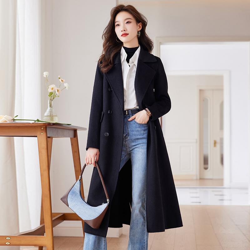 秋服 レディース 流行り物 オシャレ カワイイ  分かりやすい 成年者カワイイ 馬鹿でかい大きさ  黒 真っただ中丈 羊毛 厚地の外套 ハイエンド 上衣