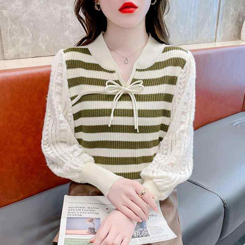 春 コーデ レディース ファッション オシャレ カワイイ   シンプル きれいめ ナチュラル 上品カジュアル 婦人服 レース 長袖 ストライプ ニット レイヤリング シャツ フレンチ風 スタイル Vネック シック トップス